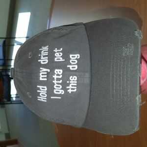 "Hold my drink I gotta pet this dog" Embroidered Distressed Strapback Hat Cap